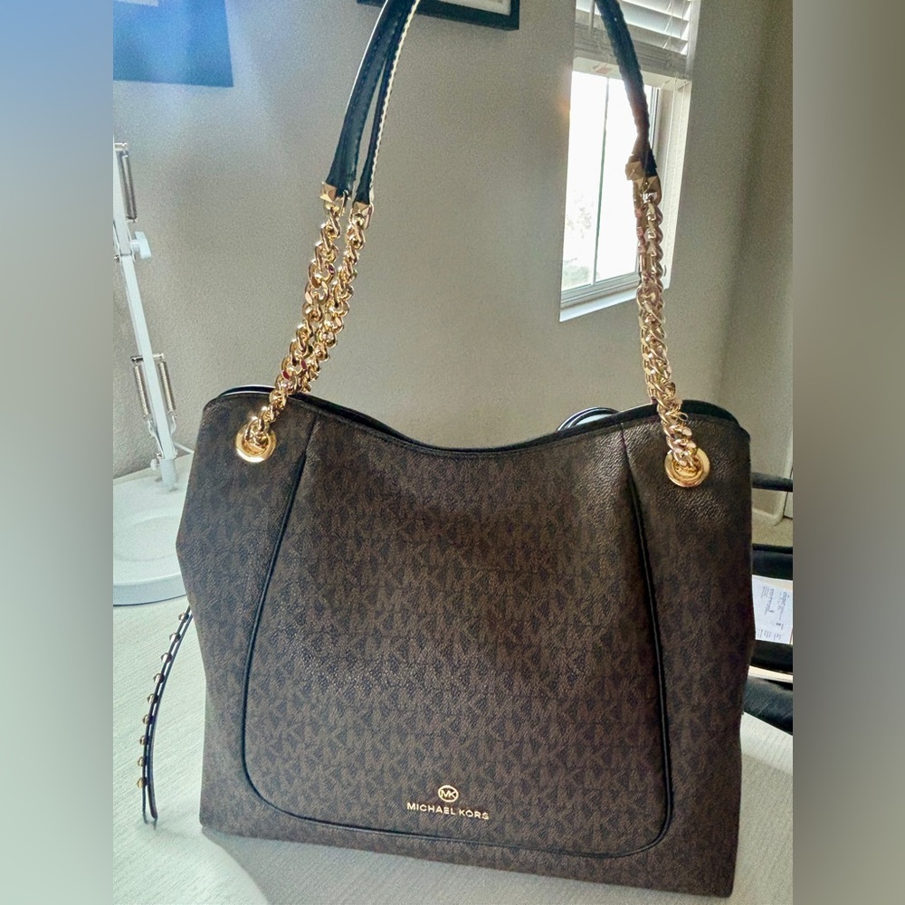 Michael Kors Signature Piper Brown Black Shoulder Bag with Gold Accents